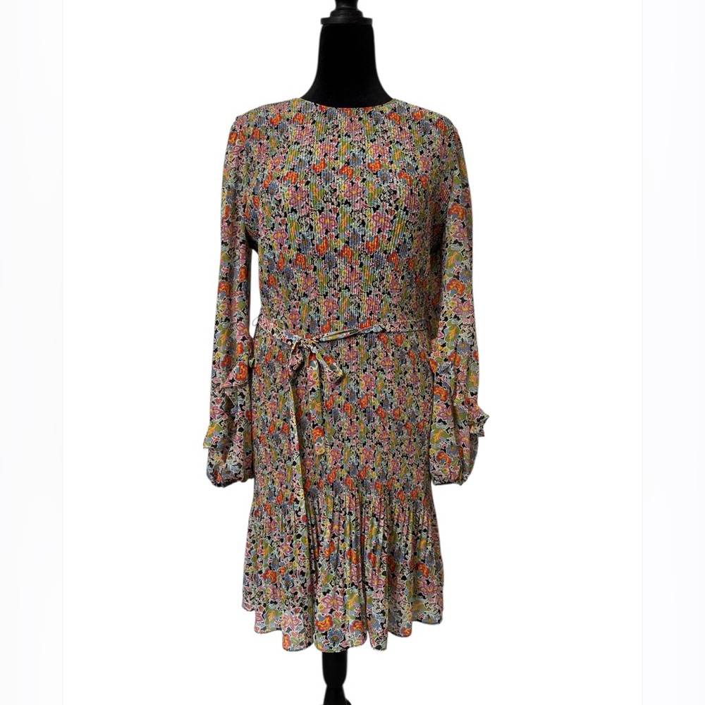 Boden Floral Pleated Midi Dress Belted Long Sleeve Lined Size 14